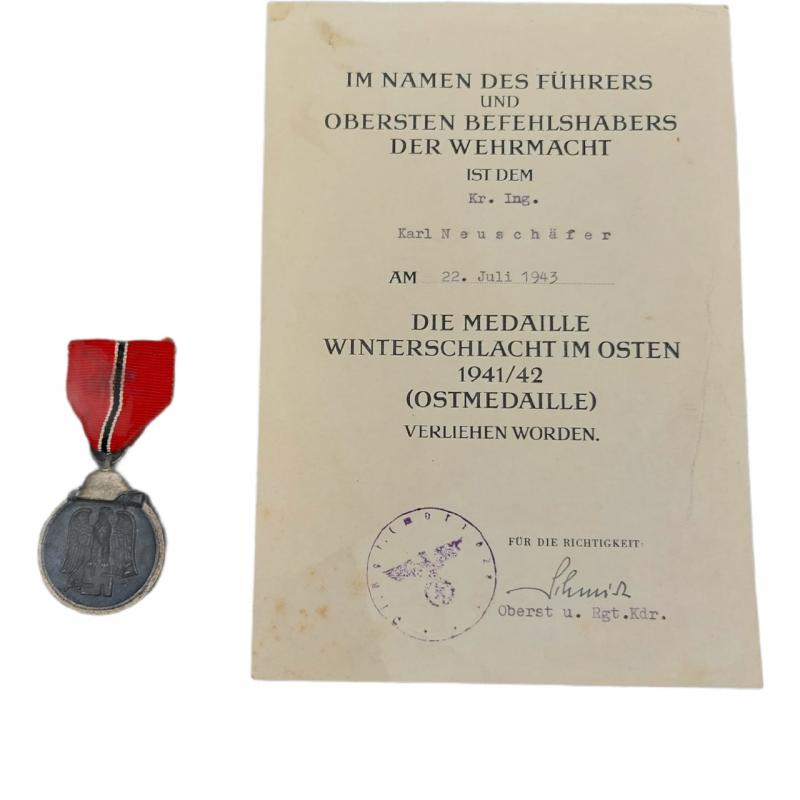 German Eastern Front Medal + Award Document